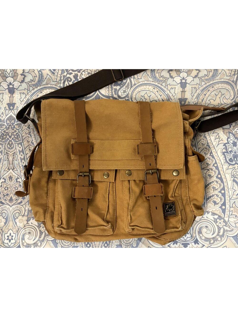 Military Brown Canvas Messenger Bag with Leather Straps